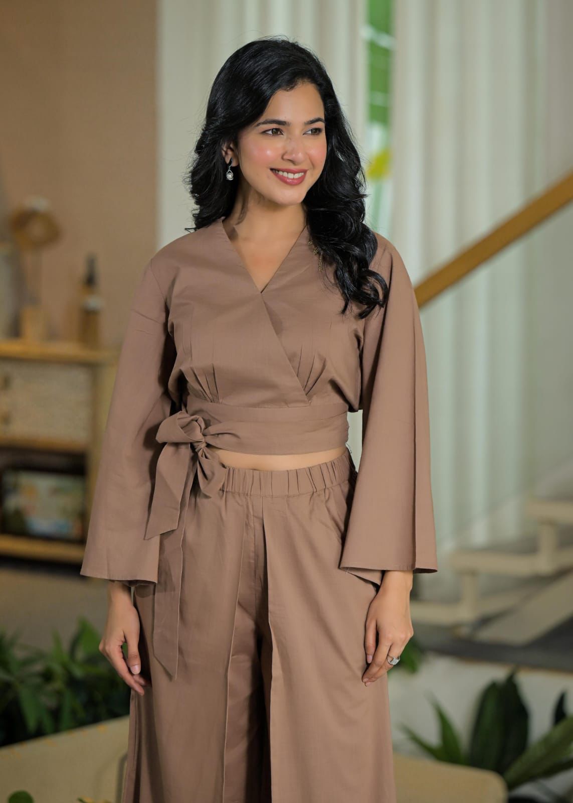 Natural Fab Women’s Brown Solid Co-ord Set – Stylish Crop Top & Wide-Leg Pant Set | Elegant Casual & Party Wear Outfit