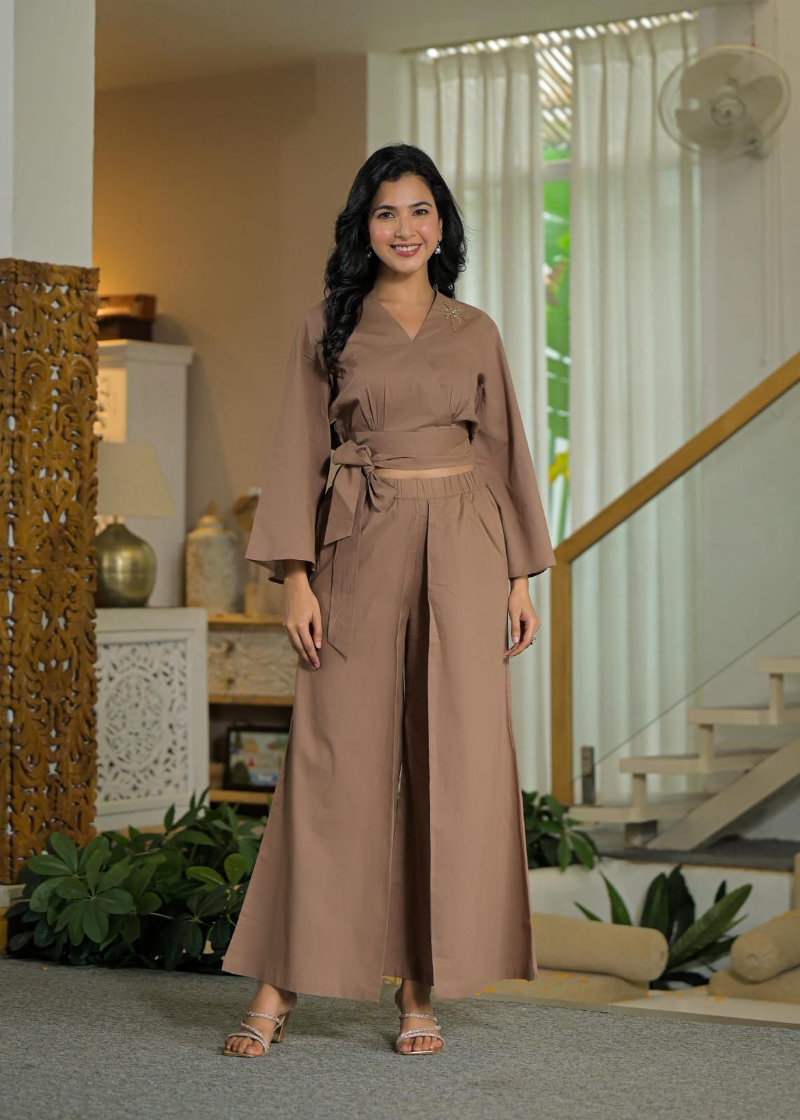 Natural Fab Women’s Brown Solid Co-ord Set – Stylish Crop Top & Wide-Leg Pant Set | Elegant Casual & Party Wear Outfit