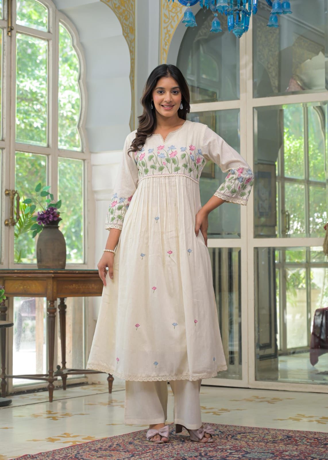 Natural Fab Women’s Off-White Cotton Kurti Set – Hand Embroidered Floral Design with Palazzo | Elegant Festive & Casual Wear