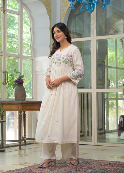 Natural Fab Women’s Off-White Cotton Kurti Set – Hand Embroidered Floral Design with Palazzo | Elegant Festive & Casual Wear