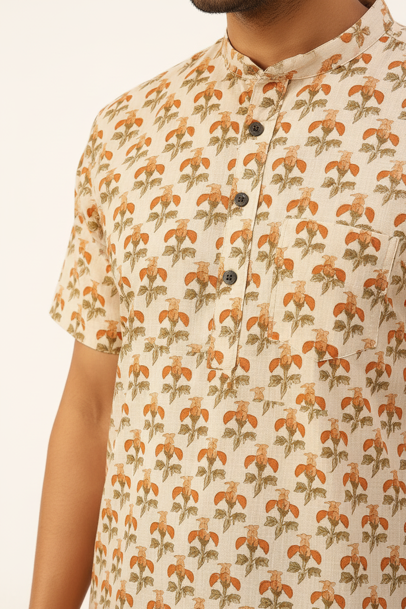 Natural Fab Men’s Cotton Handblock Printed Knee-Length Kurta – Beige & Rust Floral Print, Short Sleeve Casual Ethnic Wear
