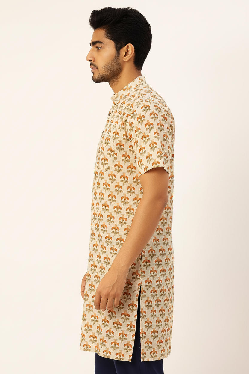 Natural Fab Men’s Cotton Handblock Printed Knee-Length Kurta – Beige & Rust Floral Print, Short Sleeve Casual Ethnic Wear