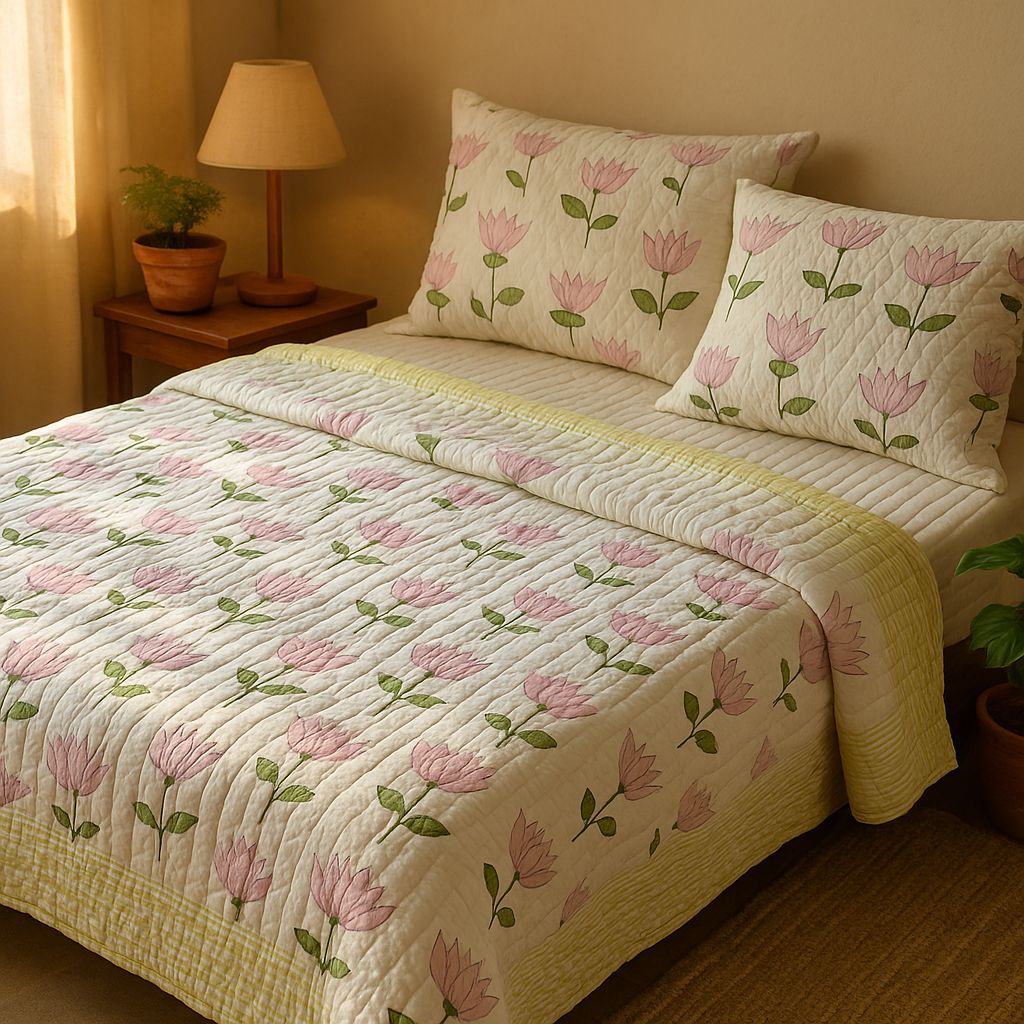 Natural Fab Pink Lotus Handblock Printed Cotton Double Comforter – 3 Layer Quilted AC Quilt, Soft & Breathable Bedding Set