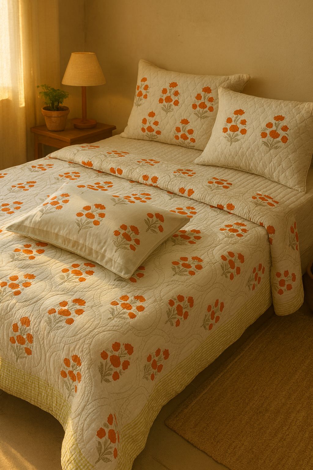 Natural Fab Orange Floral Handblock Printed Cotton Double Comforter – 3 Layer Quilted AC Quilt | Soft & Reversible All-Season Bedding