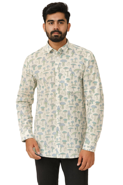 Men’s Pure Cotton Printed Shirt – Full Sleeves | Soft Pastel Mushroom Print | Natural Fab