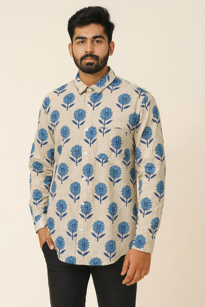 Men’s Pure Cotton Printed Shirt – Blue Floral Hand Block Print on Beige | Full Sleeves | Natural Fab