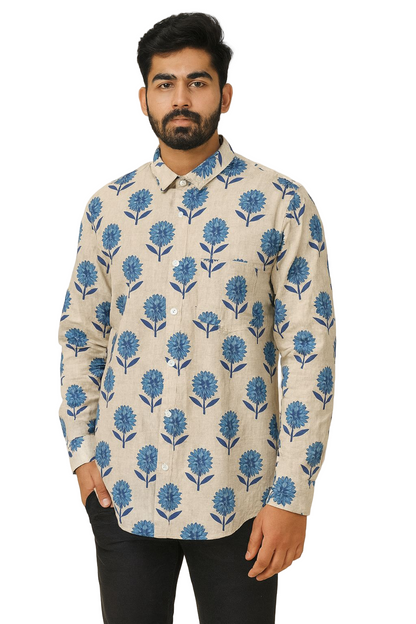 Men’s Pure Cotton Printed Shirt – Blue Floral Hand Block Print on Beige | Full Sleeves | Natural Fab