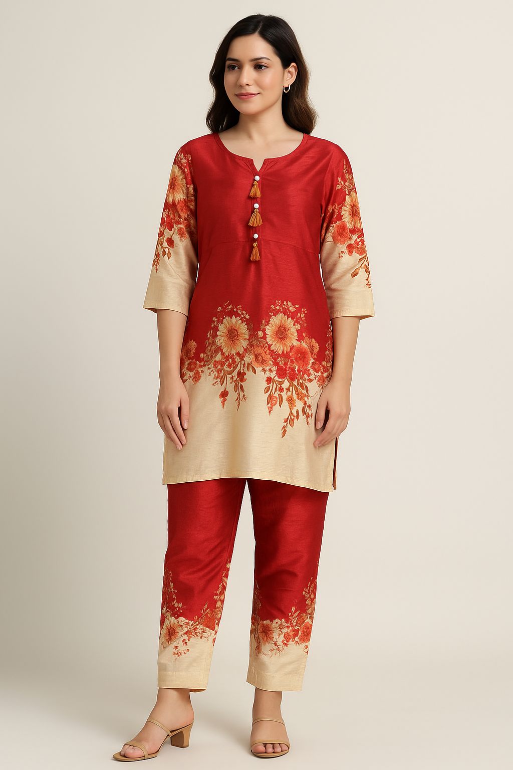 Red & Beige Floral Printed Co-Ord Set for Women – Festive Tassel Detail Kurta with Matching Pants | Natural Fab
