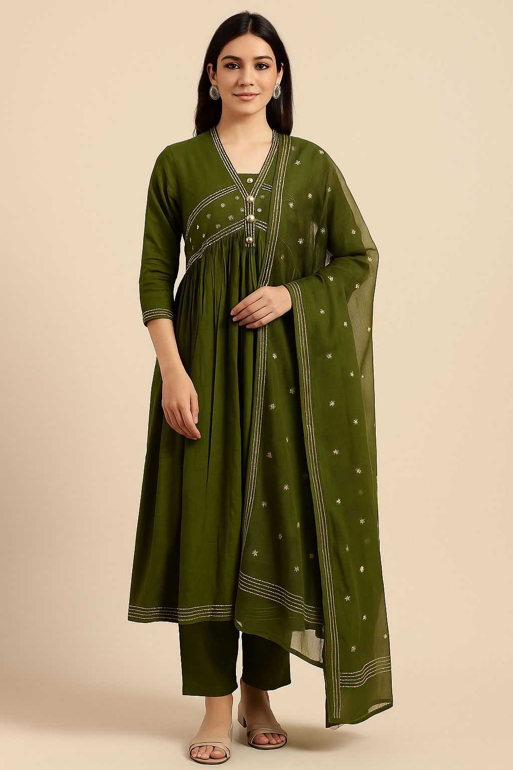 Olive Green Embroidered Cotton Kurti Set with Dupatta – Elegant Ethnic Wear for Women | Natural Fab
