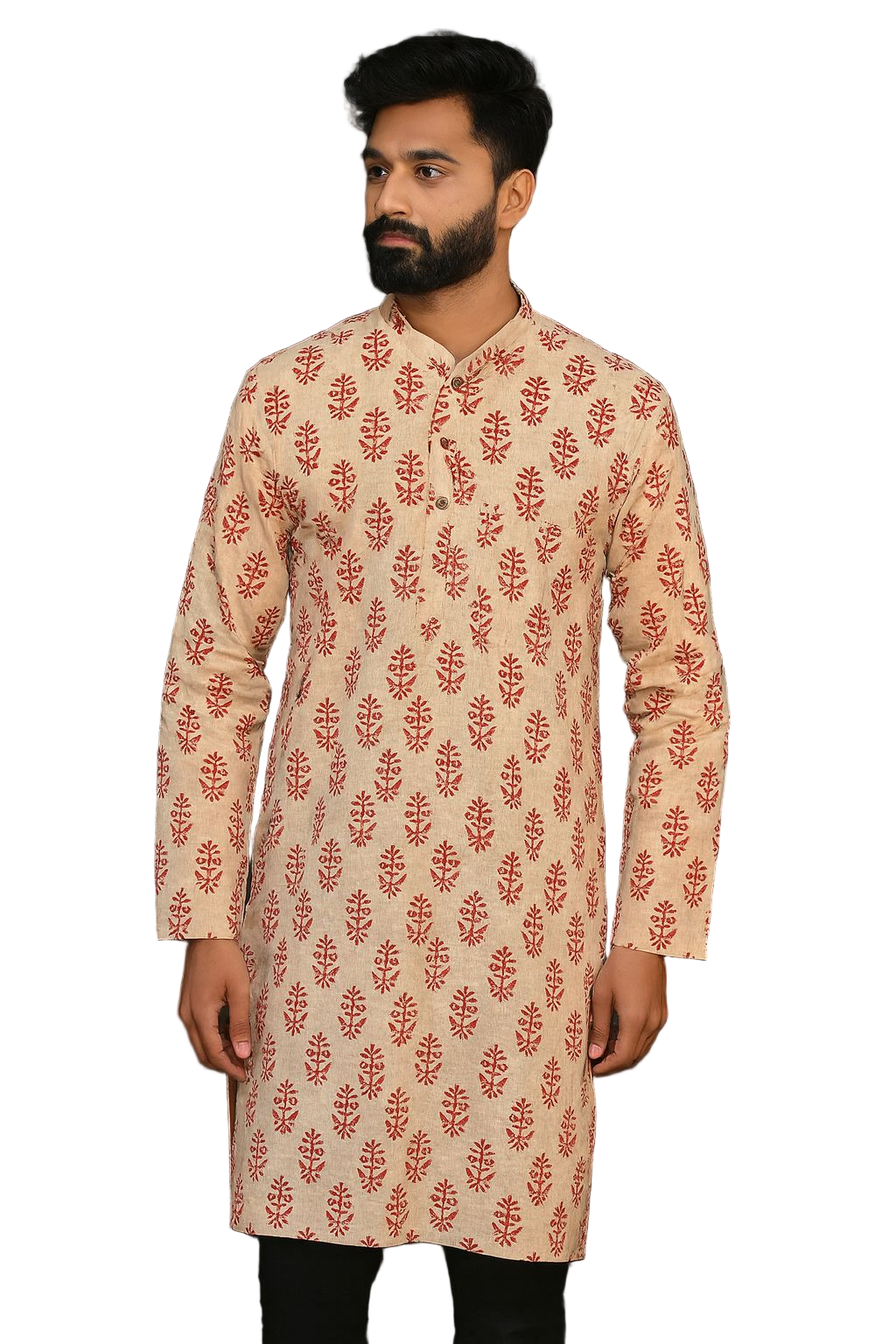 Beige Hand Block Printed Cotton Knee Length Men’s Kurta | Traditional Ethnic Wear by Natural Fab