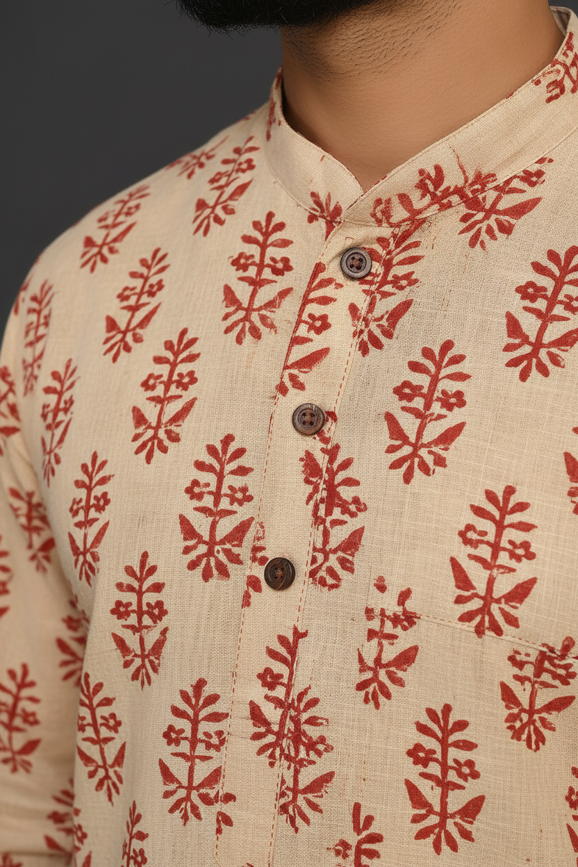 Beige Hand Block Printed Cotton Knee Length Men’s Kurta | Traditional Ethnic Wear by Natural Fab