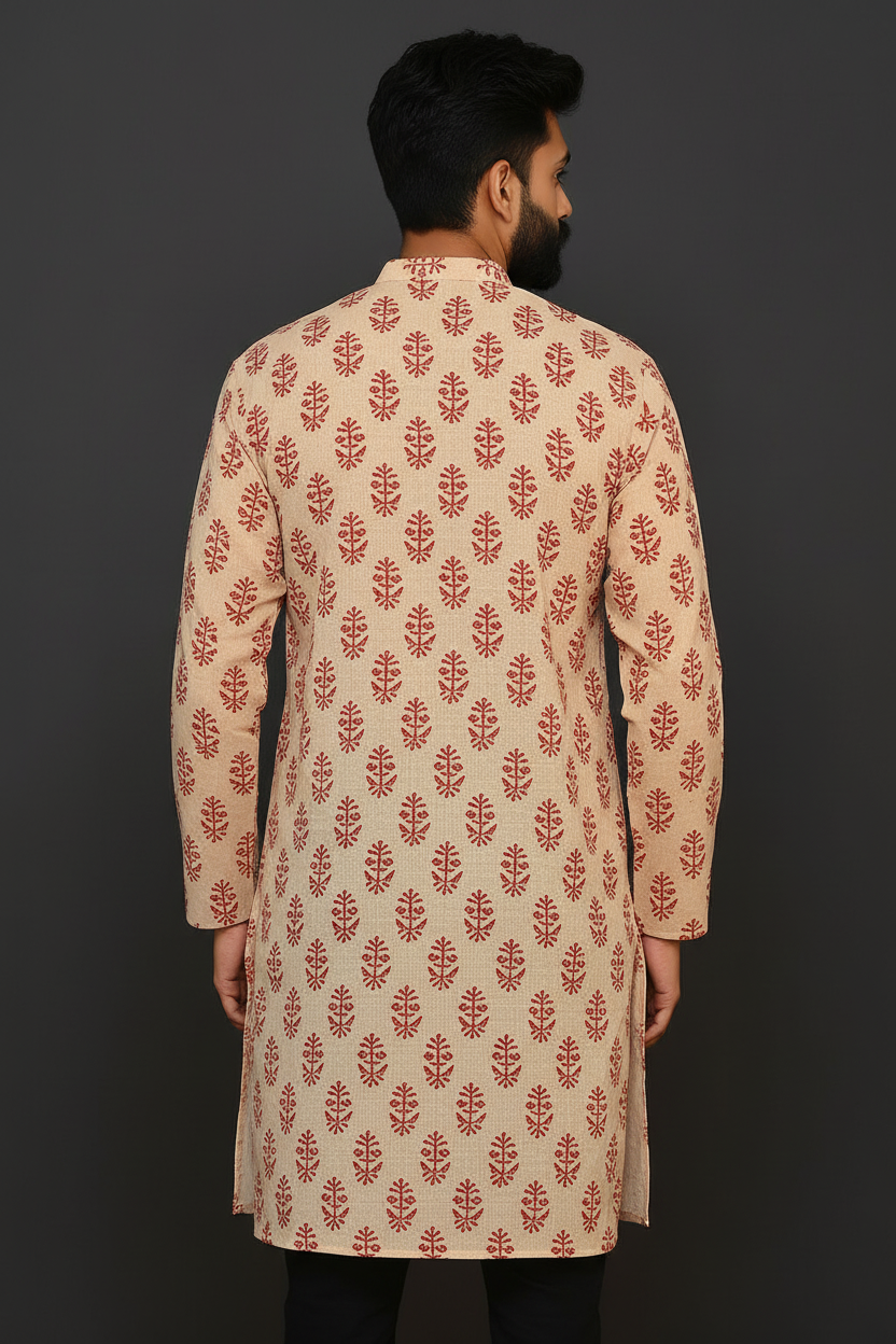 Beige Hand Block Printed Cotton Knee Length Men’s Kurta | Traditional Ethnic Wear by Natural Fab