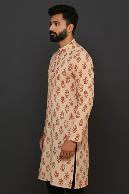 Beige Hand Block Printed Cotton Knee Length Men’s Kurta | Traditional Ethnic Wear by Natural Fab