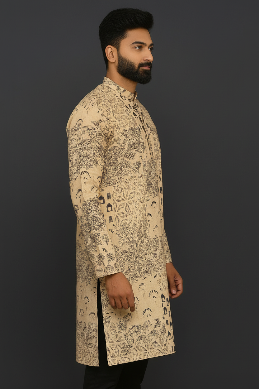 Beige Hand Block Printed Cotton Men’s Knee Length Kurta | Elegant Ethnic Wear by Natural Fab