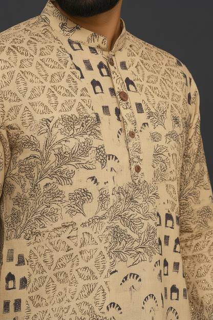 Beige Hand Block Printed Cotton Men’s Knee Length Kurta | Elegant Ethnic Wear by Natural Fab