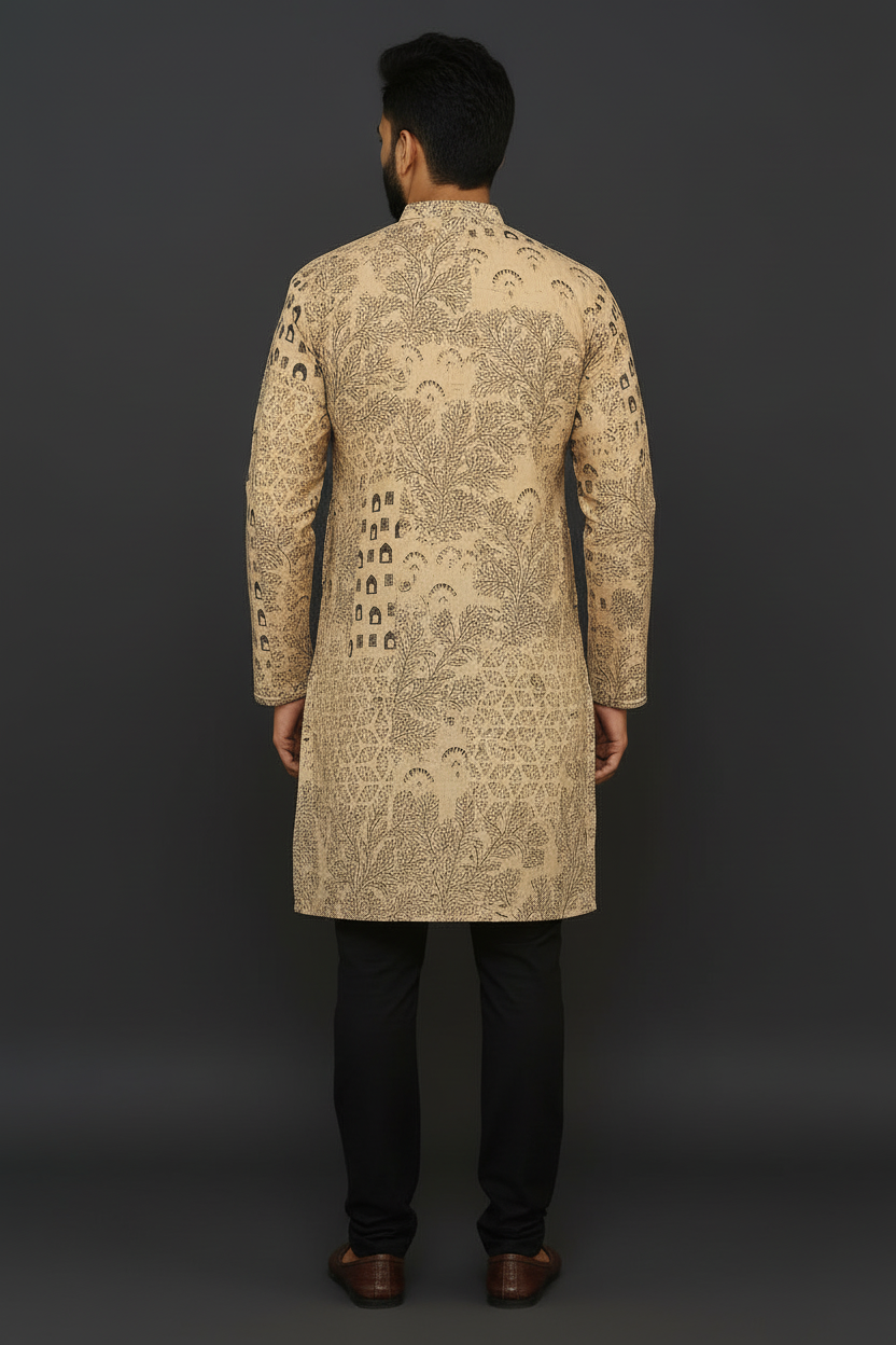 Beige Hand Block Printed Cotton Men’s Knee Length Kurta | Elegant Ethnic Wear by Natural Fab