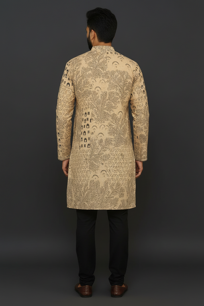 Beige Hand Block Printed Cotton Men’s Knee Length Kurta | Elegant Ethnic Wear by Natural Fab