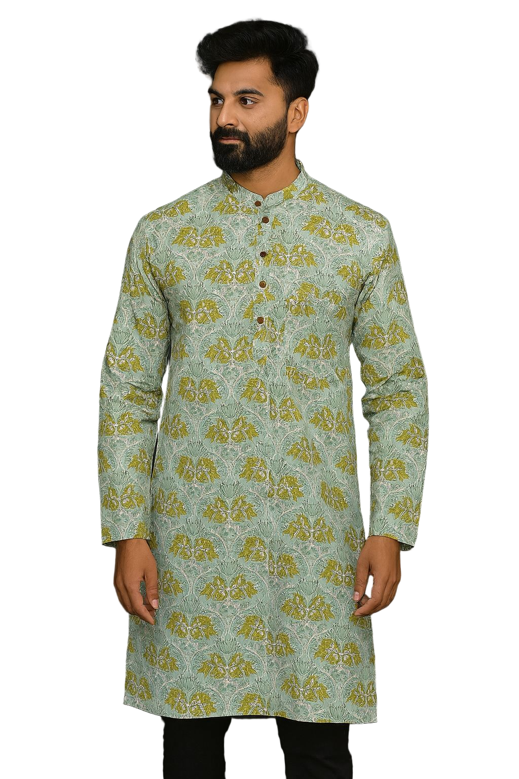 Mint Green Hand Block Printed Cotton Men’s Knee Length Kurta | Elegant Festive Ethnic Wear by Natural Fab