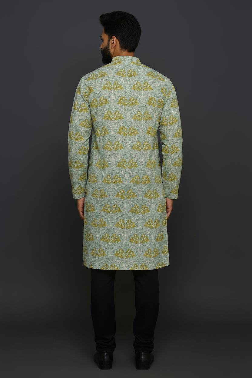Mint Green Hand Block Printed Cotton Men’s Knee Length Kurta | Elegant Festive Ethnic Wear by Natural Fab