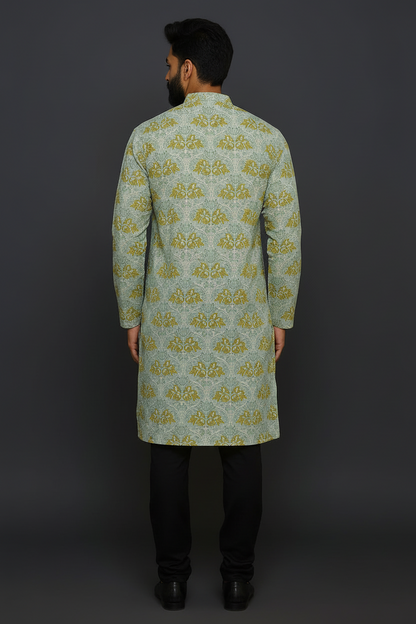 Mint Green Hand Block Printed Cotton Men’s Knee Length Kurta | Elegant Festive Ethnic Wear by Natural Fab
