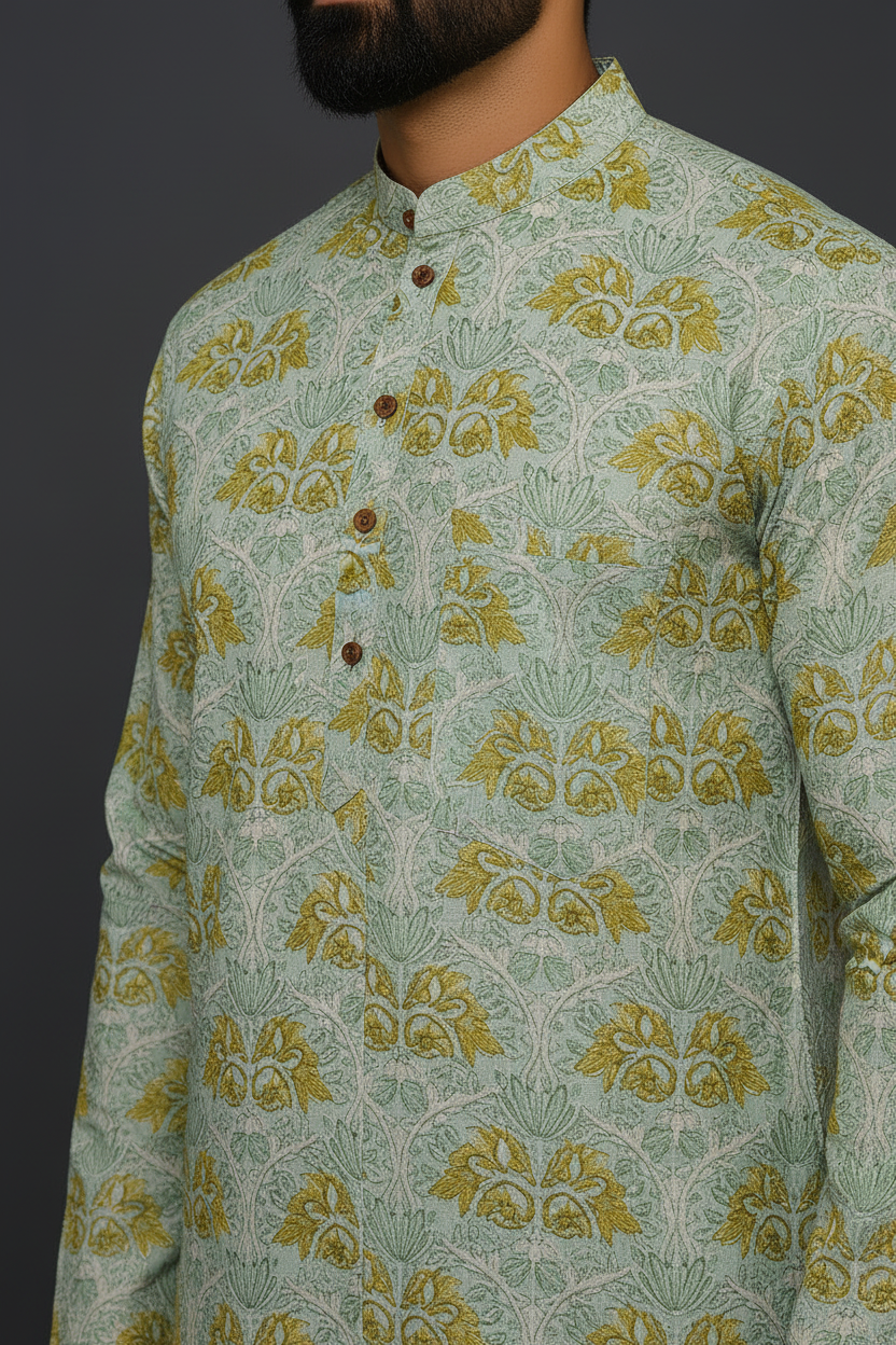 Mint Green Hand Block Printed Cotton Men’s Knee Length Kurta | Elegant Festive Ethnic Wear by Natural Fab