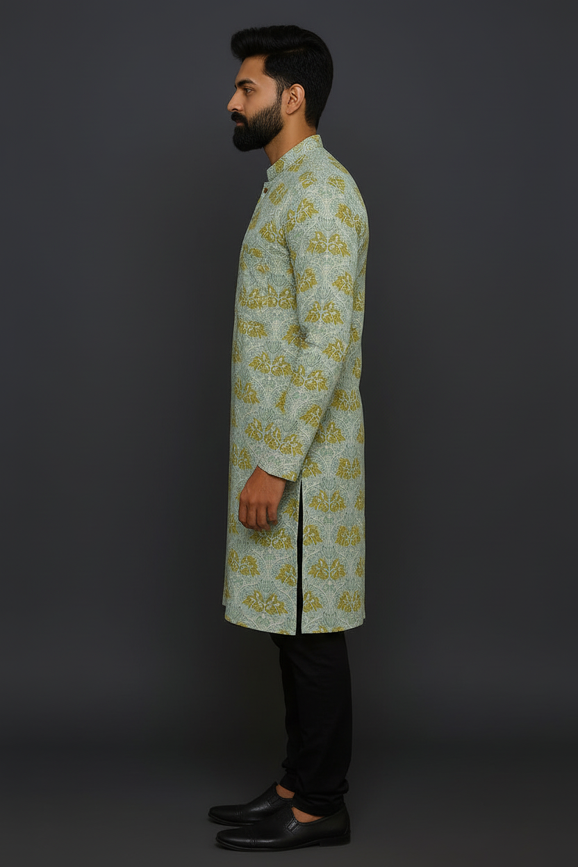 Mint Green Hand Block Printed Cotton Men’s Knee Length Kurta | Elegant Festive Ethnic Wear by Natural Fab