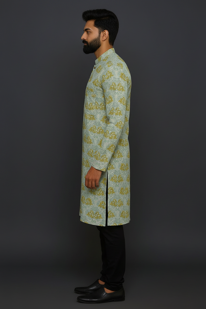 Mint Green Hand Block Printed Cotton Men’s Knee Length Kurta | Elegant Festive Ethnic Wear by Natural Fab