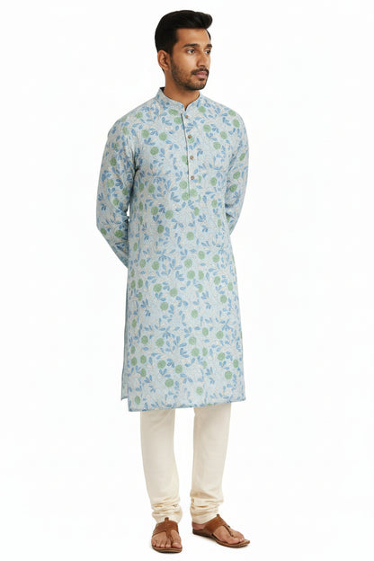 Sky Blue Hand Block Printed Cotton Men’s Knee Length Kurta | Elegant Festive Wear by Natural Fab