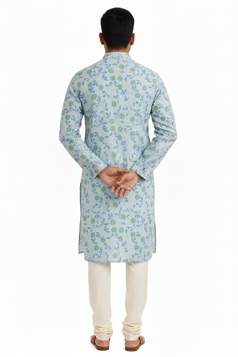 Sky Blue Hand Block Printed Cotton Men’s Knee Length Kurta | Elegant Festive Wear by Natural Fab