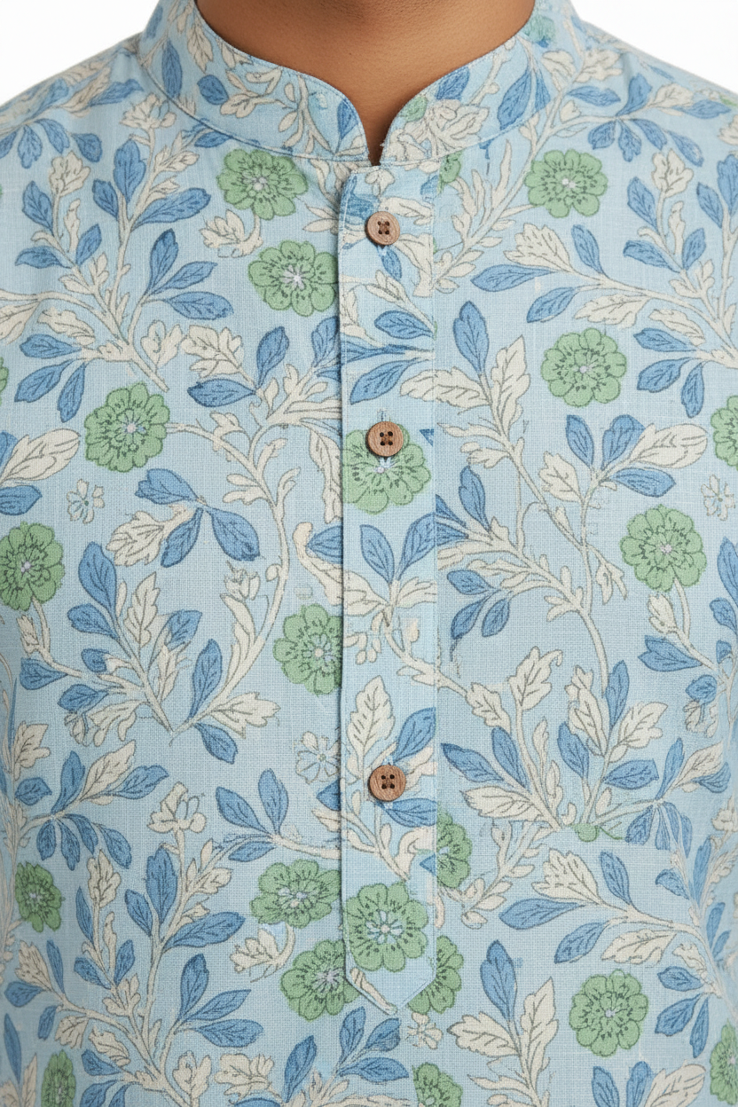 Sky Blue Hand Block Printed Cotton Men’s Knee Length Kurta | Elegant Festive Wear by Natural Fab