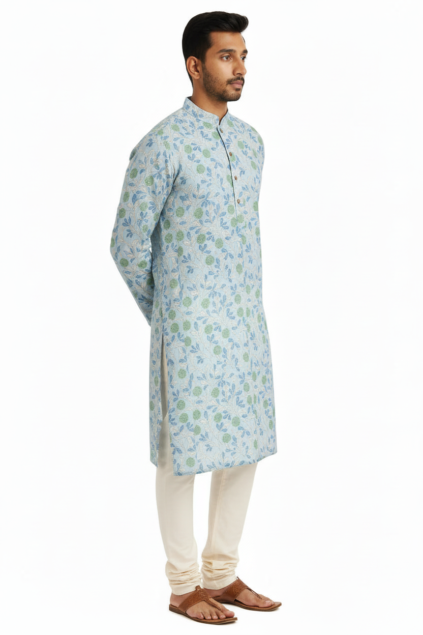 Sky Blue Hand Block Printed Cotton Men’s Knee Length Kurta | Elegant Festive Wear by Natural Fab