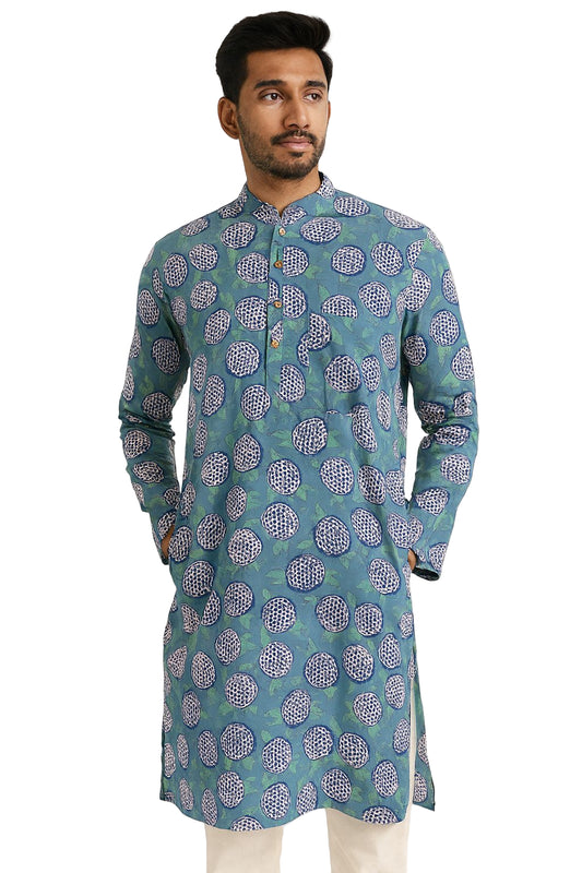 Teal Blue Hand Block Printed Cotton Men’s Knee Length Kurta | Traditional Ethnic Wear by Natural Fab