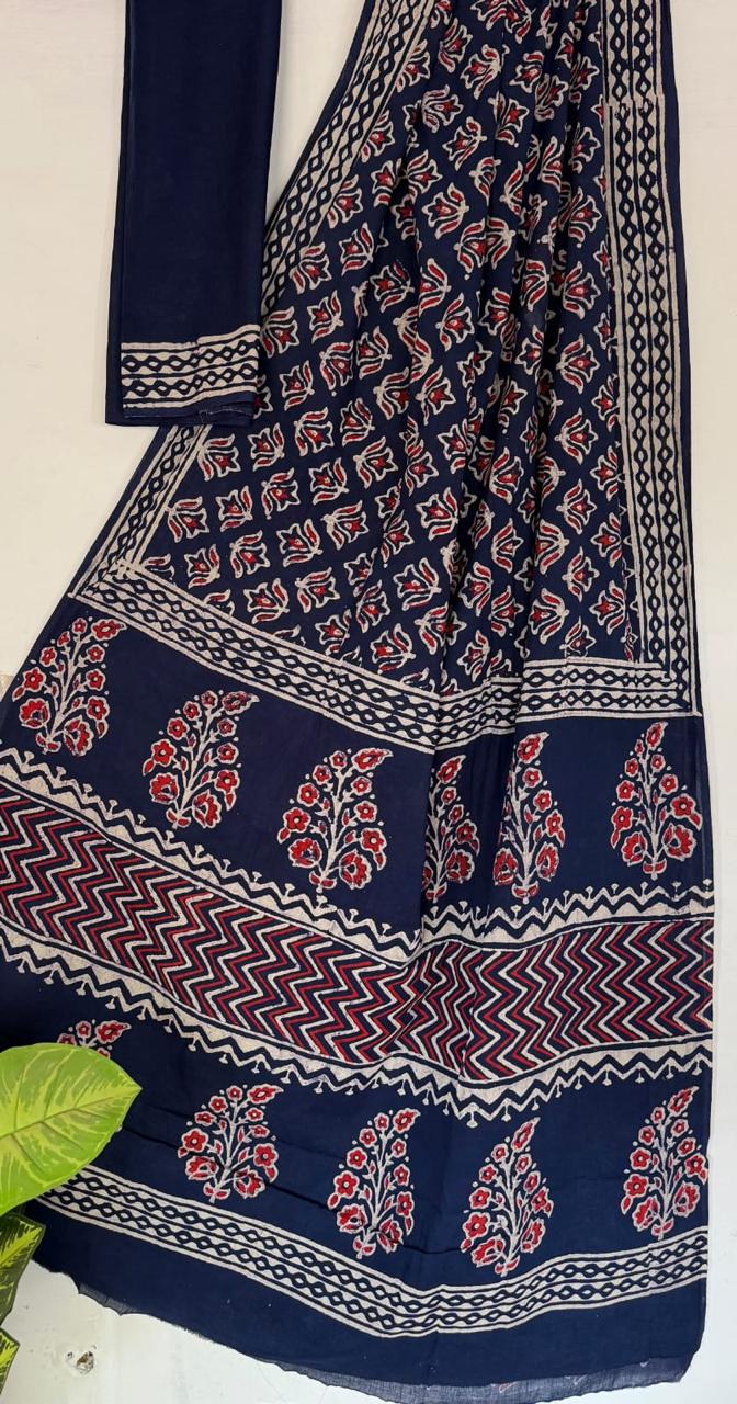 Navy Blue Cotton Malmal Hand Block Print Saree with Blouse – 5.5m Saree & 80cm Blouse Piece | Soft Lightweight Traditional Saree for Women