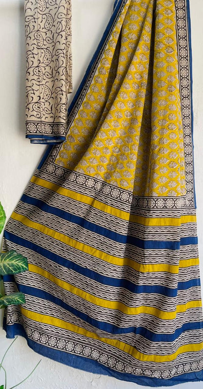 Yellow & Blue Cotton Malmal Hand Block Print Saree with Blouse – 5.5m Saree + 80cm Blouse Piece | Soft Lightweight Traditional Saree for Women
