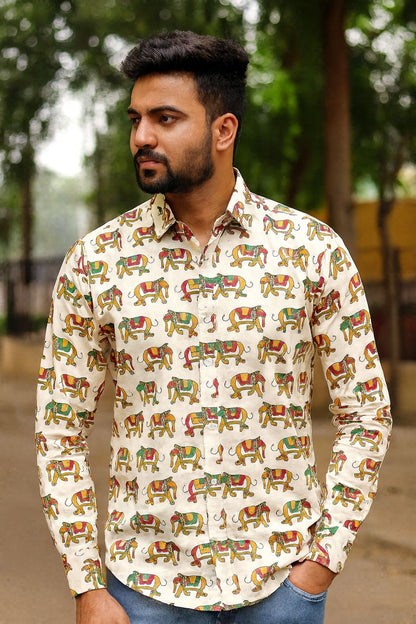 Handblock Printed Elephant Motif Cotton Shirt for Men – Beige