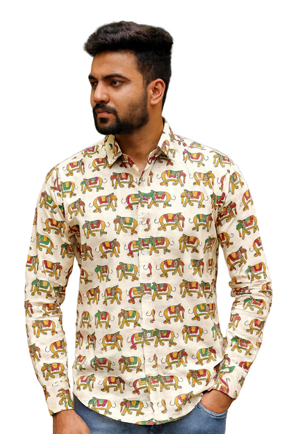 Handblock Printed Elephant Motif Cotton Shirt for Men – Beige