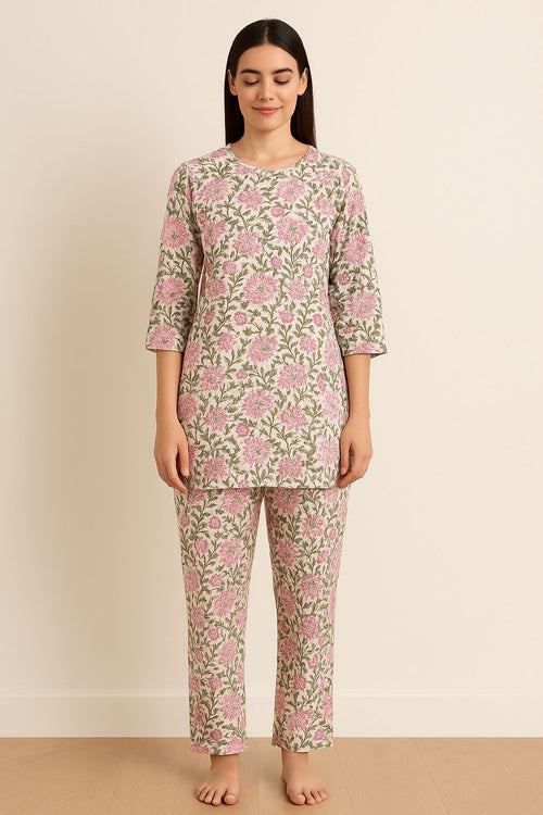 Pink Floral Hand Block Printed Cotton Night Suit for Women – 2-Piece Loungewear Set with Kurti & Pant