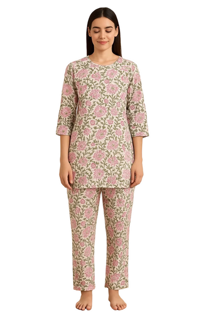 Pink Floral Hand Block Printed Cotton Night Suit for Women – 2-Piece Loungewear Set with Kurti & Pant
