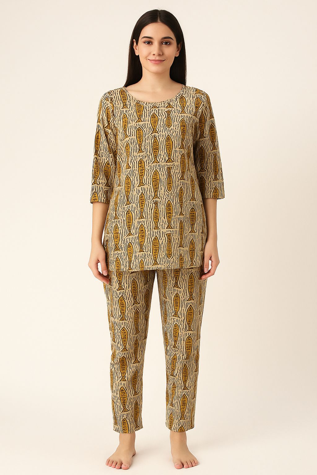 Brown Hand Block Printed Cotton Night Suit for Women – 2-Piece Sleepwear Set with Kurti & Pant