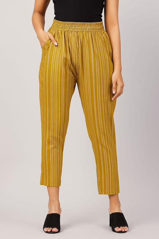 Mustard Yellow Striped Cotton Straight Pant for Women – Elastic Waist Casual Bottom with Pockets