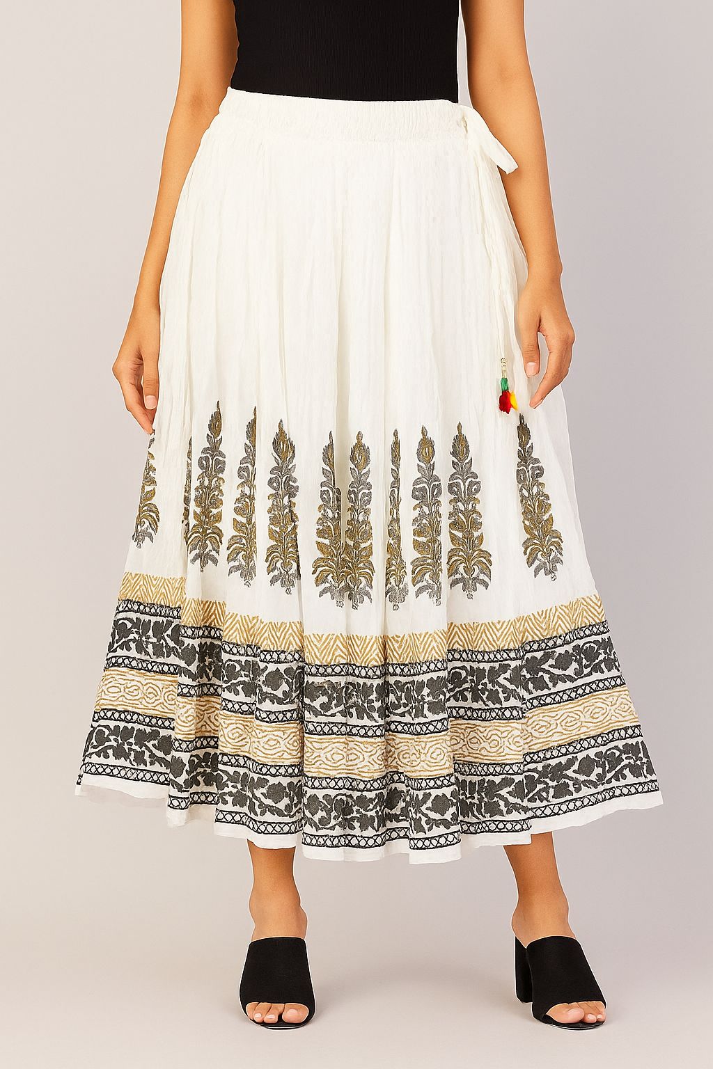 White Hand Block Printed Cotton Long Skirt for Women – Black & Mustard Flared Ethnic Maxi Skirt with Tassel Tie
