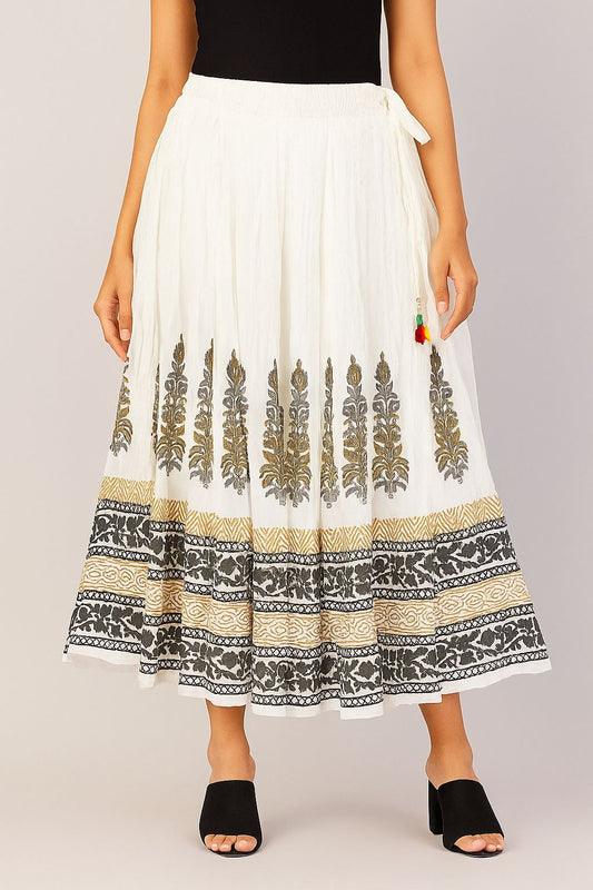 White Hand Block Printed Cotton Long Skirt for Women – Black & Mustard Flared Ethnic Maxi Skirt with Tassel Tie
