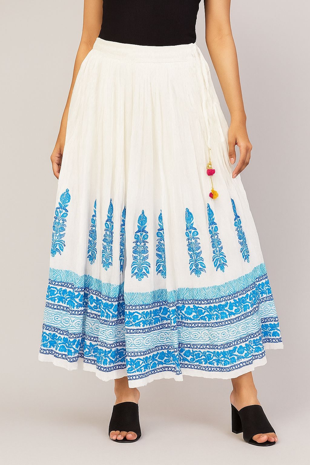 White & Blue Hand Block Printed Cotton Long Skirt for Women – Flared Ethnic Maxi Skirt with Tassel Tie