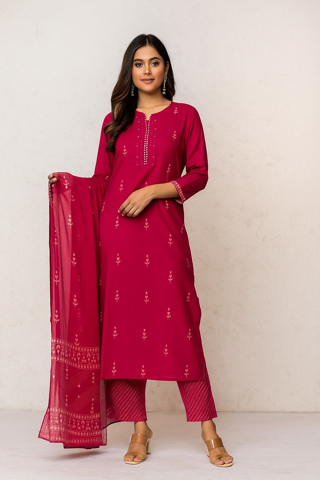 Magenta Pink Cotton Embroidered Kurti Set for Women with Dupatta – Elegant Festive 3-Piece Outfit