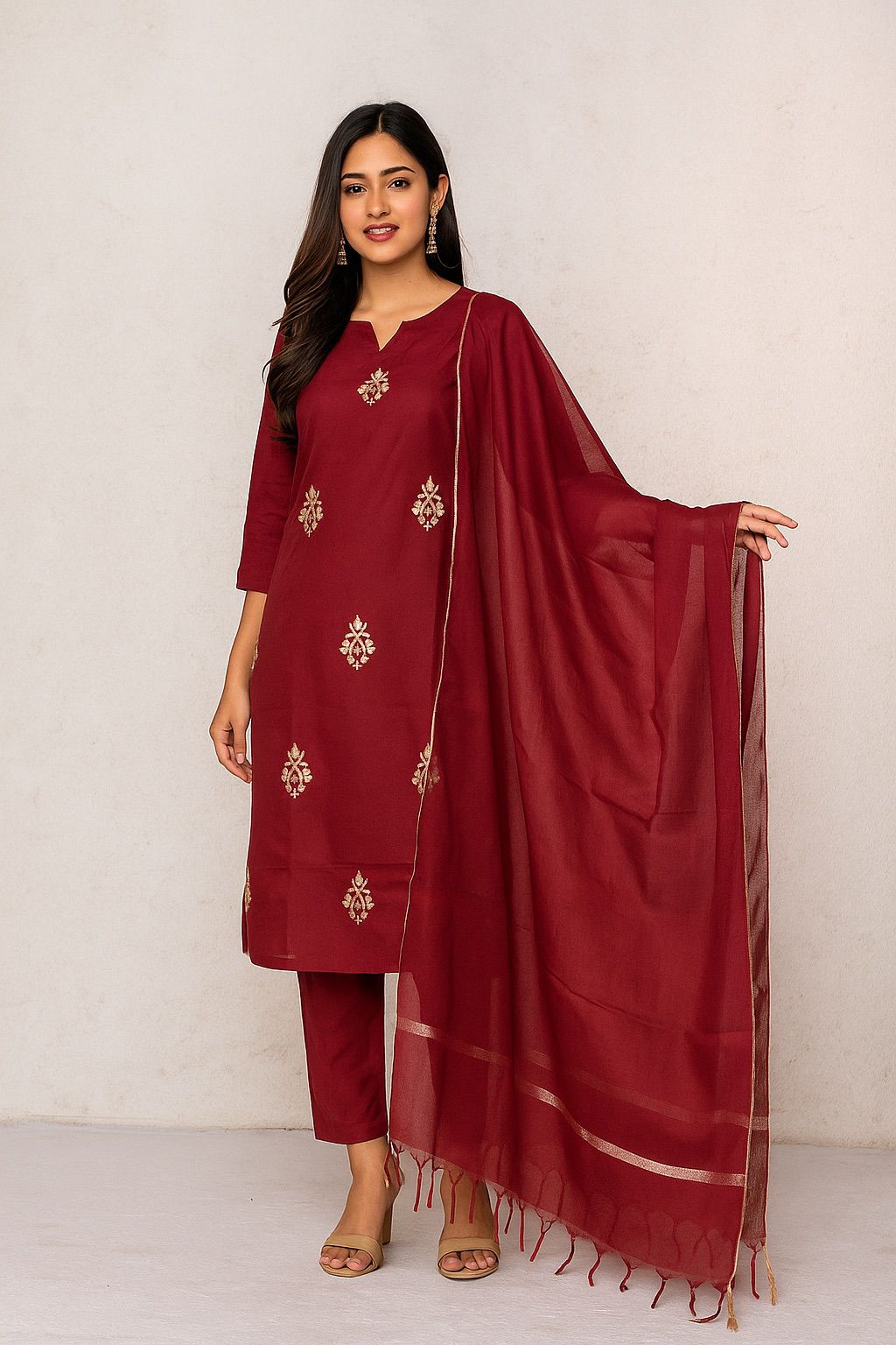 Maroon Cotton Embroidered Kurti Set for Women with Dupatta – Elegant Festive 3-Piece Suit