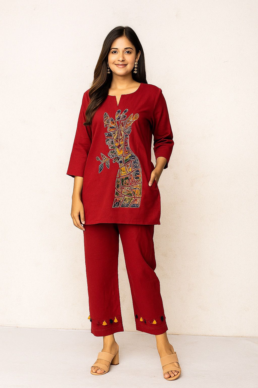 Red Cotton Embroidered Kurti Set for Women – Artistic Handcrafted Two-Piece Co-ord Set