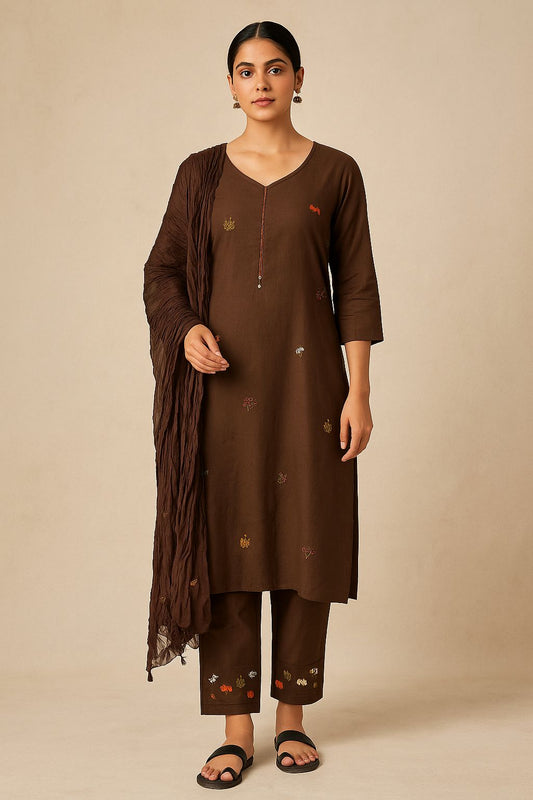 Chocolate Brown Cotton Embroidered Kurti Set for Women with Dupatta – Elegant 3-Piece Ethnic Wear
