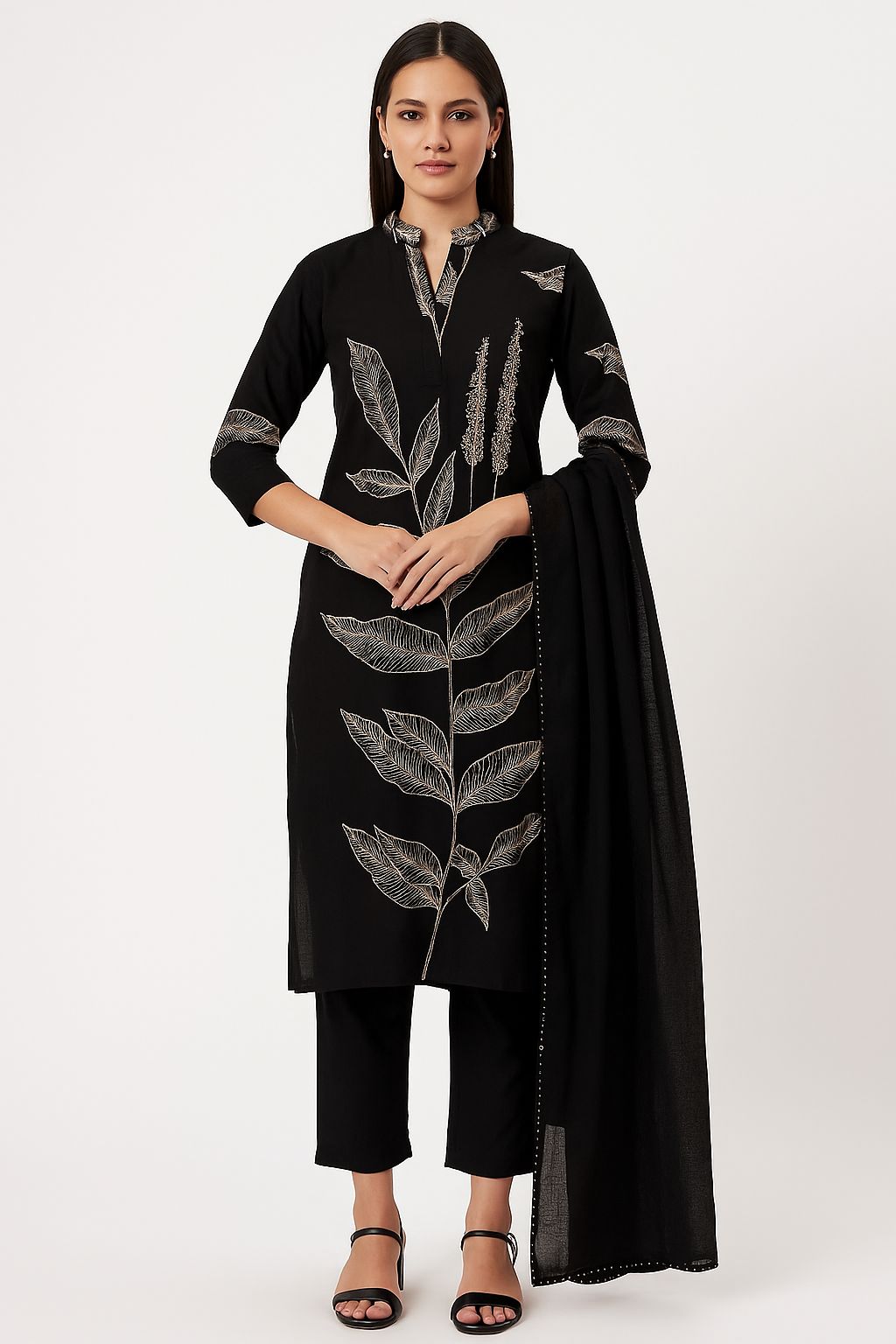 Black Maslin Embroidered Kurti Set with Dupatta – Elegant 3-Piece Ethnic Wear for Women