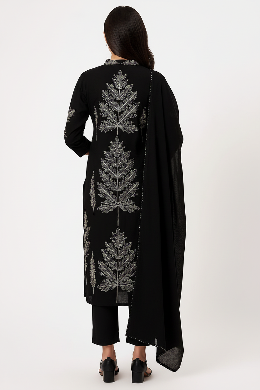 Black Maslin Embroidered Kurti Set with Dupatta – Elegant 3-Piece Ethnic Wear for Women