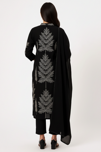 Black Maslin Embroidered Kurti Set with Dupatta – Elegant 3-Piece Ethnic Wear for Women
